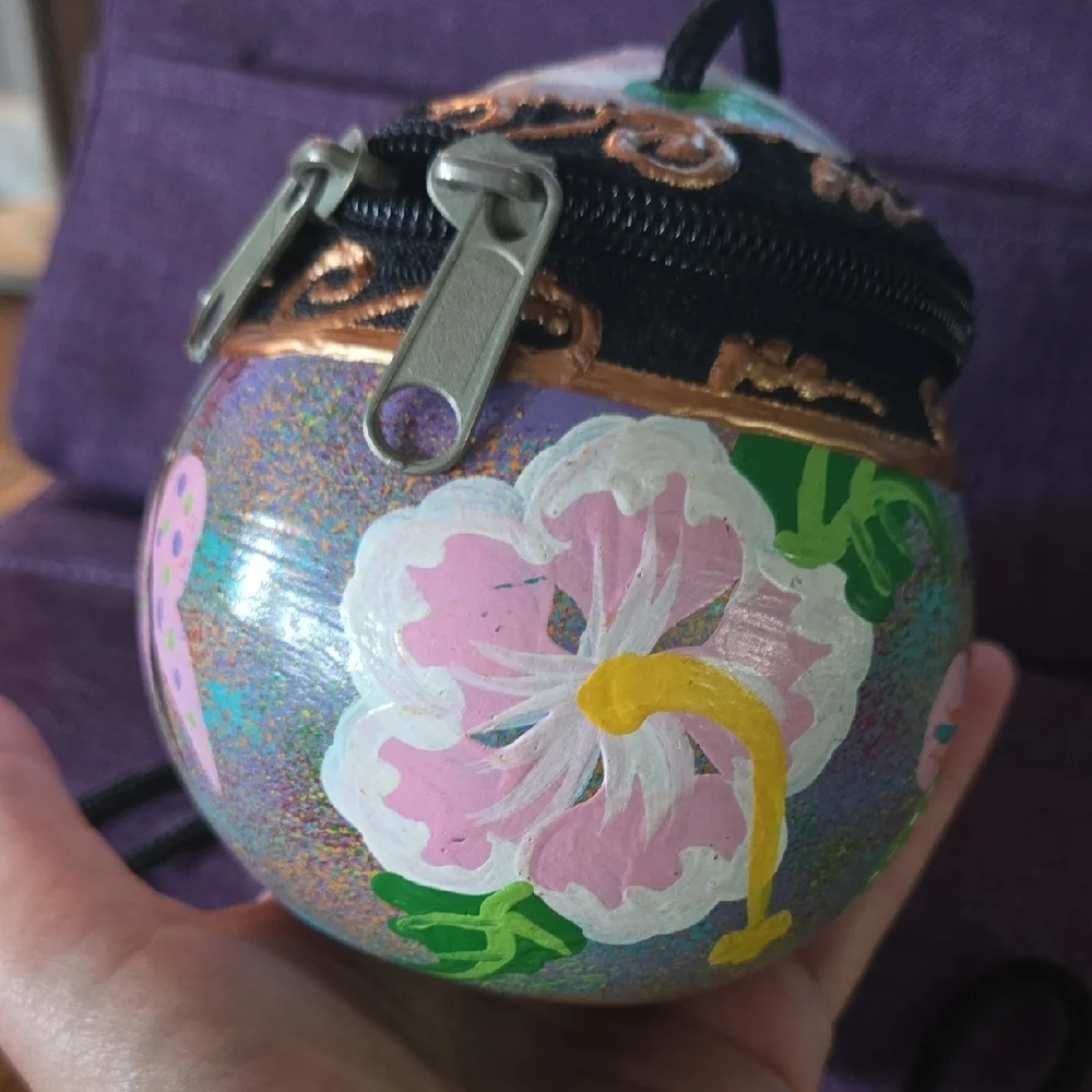 Hand painted Coconut Purse Hawaiian Inspired With butterfly And Plumeria - Picture 3 of 8